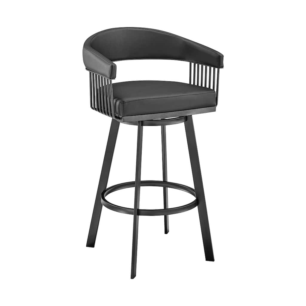 30" Mod Black Faux Leather Black Finish Swivel Bar Stool - 38" x 22" x 21"