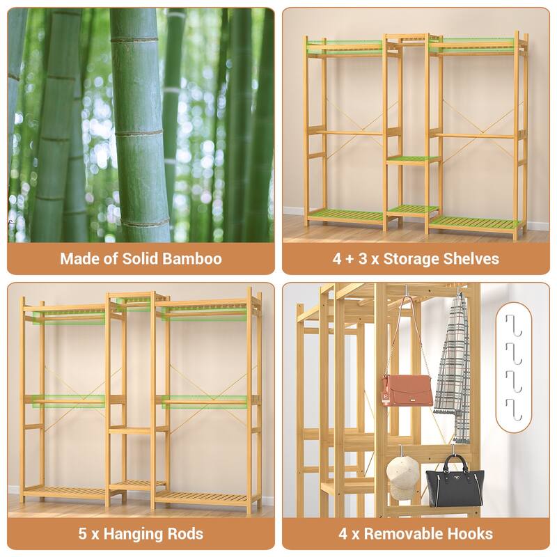 Bamboo Closet System Clothes Rack, Large Freestanding Garment Rack Clothing Rack for Hanging Clothes