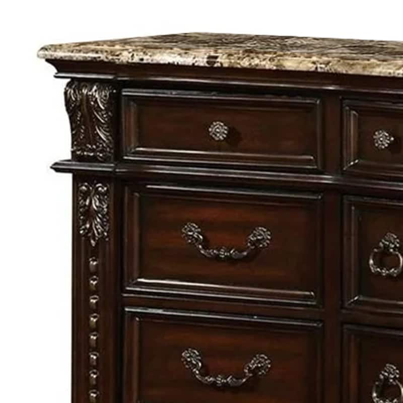 Kera Classic Dresser, 69 Inch, 12 Drawers, Sculpted Cherry Brown Wood
