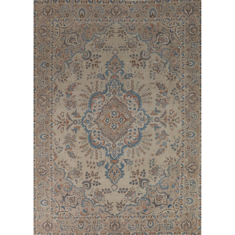 Hand Knotted Oriental 100% Wool Carpet Traditional Floral Beige & Ivories Tabriz Area Rug - 11' 0'' X 8' 2''