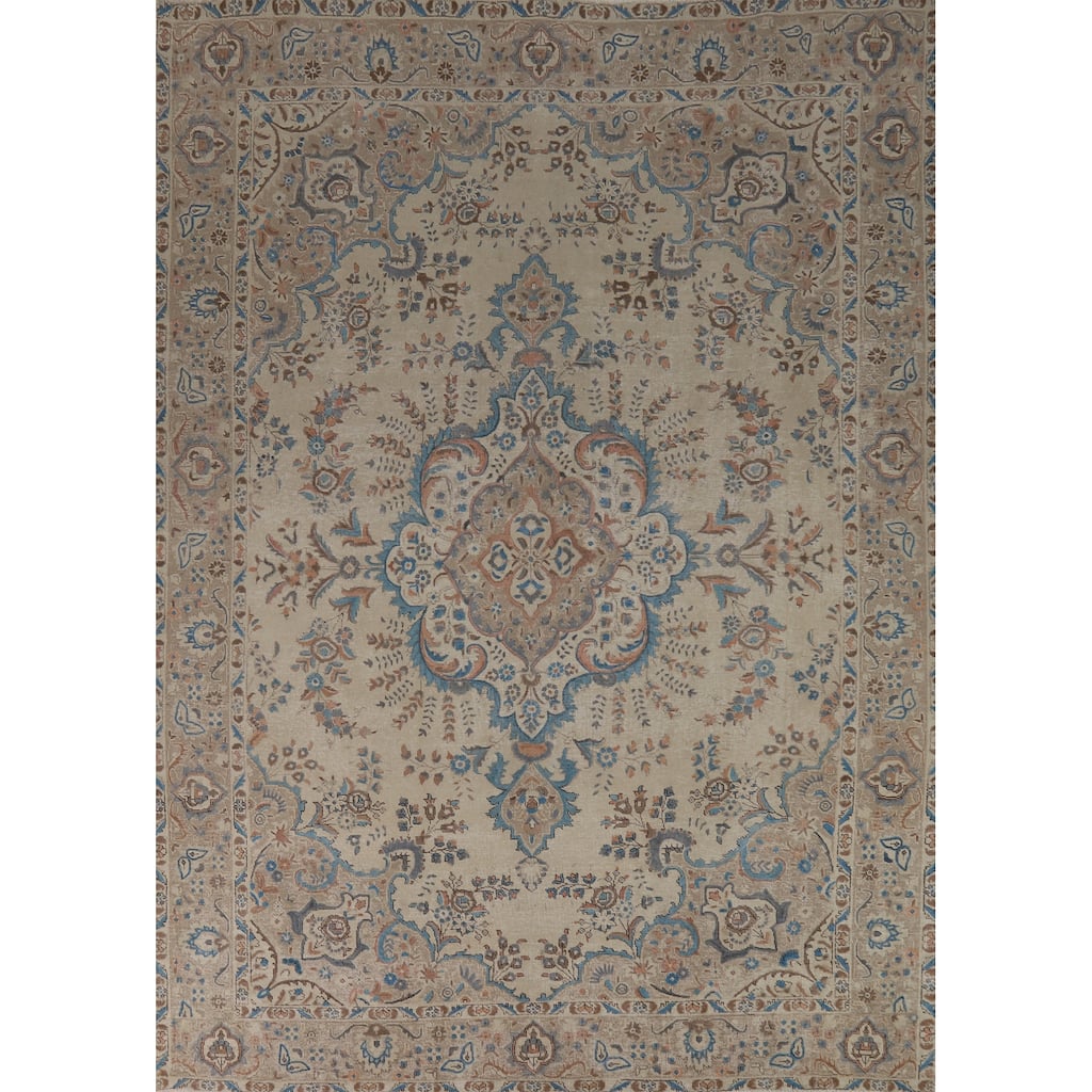 Hand Knotted Oriental 100% Wool Carpet Traditional Floral Beige & Ivories Tabriz Area Rug - 11' 0'' X 8' 2''