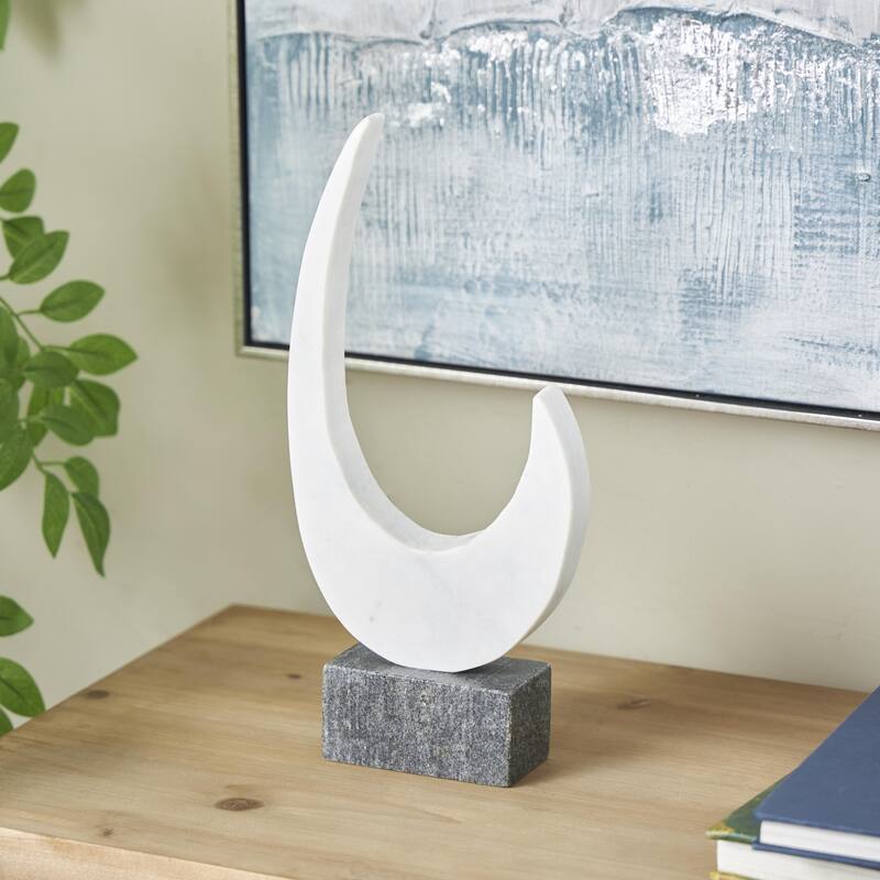 White Marble Curved Abstract Decorative Sculpture with Black Block Base - White