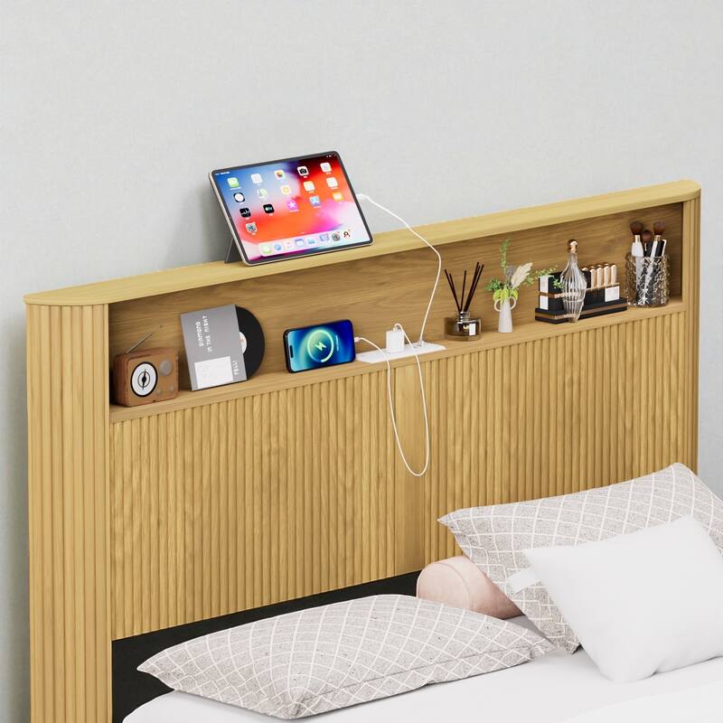 Full XL/Queen Bed Frame with Storage Headboard, USB Charging Station, Noise-Free Metal Platform with Curved Design