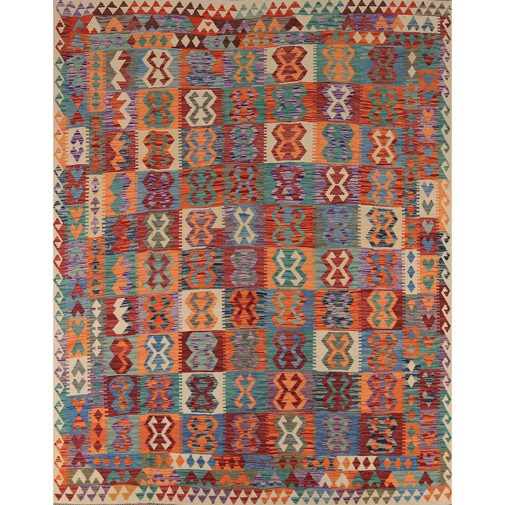 Colorful Geometric Kilim Oriental Area Rug Hand-Woven Wool Carpet - 8'5" x 9'6"