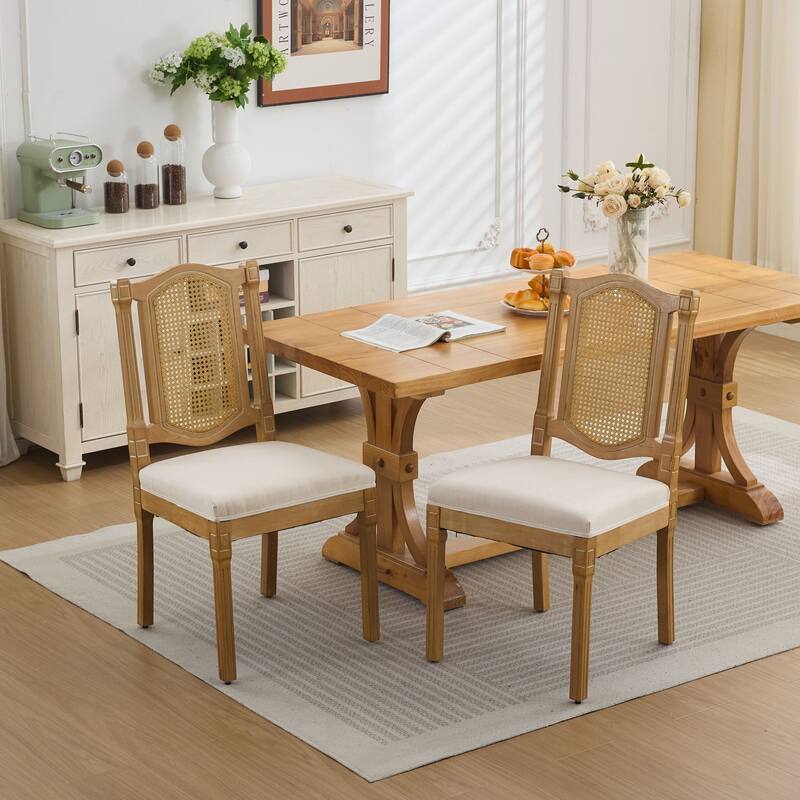 2-Piece Solid Wood Rattan-Back Dining Chair Set with Linen Cushion