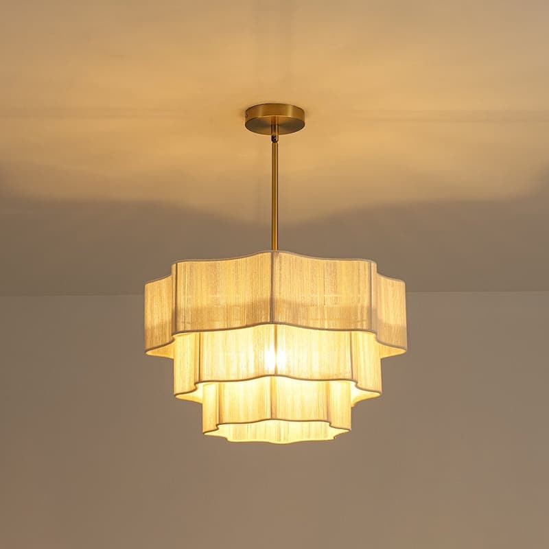 Woven Ivory String 3-Tier Round Lantern Chandelier 19.7in Brass