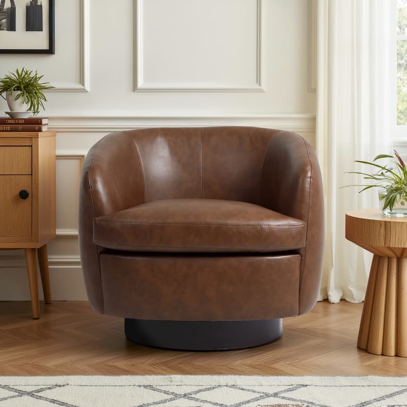 Low Back PU Leather Barrel Chair 360° Swivel Accent Chair for Living Room