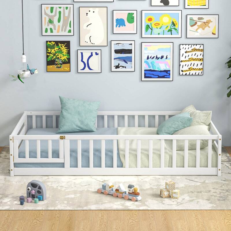 Costway Twin Size Floor Bed with Door & Fence with Safety Guardrails &