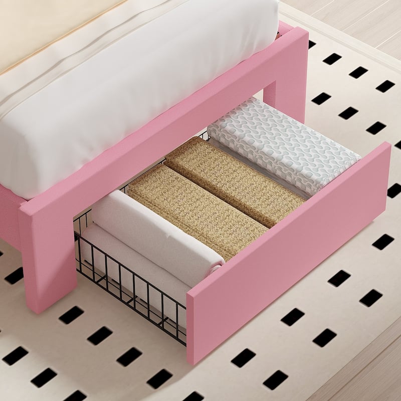 VECELO Set of 2 Twin Beds with Rolling Underbed Drawer Height Adjustable Headboard Rivet-Trimmed Headboard Twin Beds