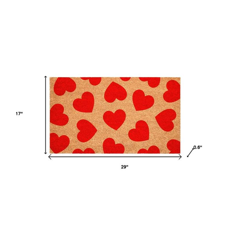 HomeRoots 17" X 29" Brown And Red Hearts Outdoor Coir Door Mat - 17.00' X '29.00