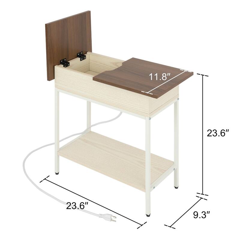 Flip Top Narrow End Table with Storage and Built-In Outlets, Small Side Table