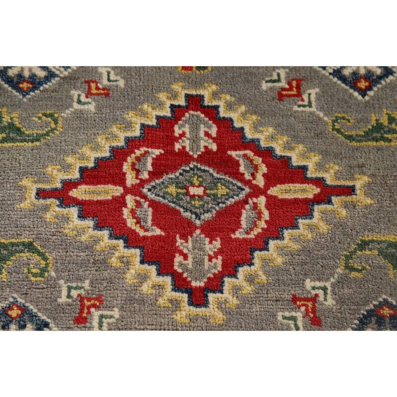 Gray Geometric Kazak Foyer Rug Hand-Knotted Oriental Wool Carpet - 2'8" x 4'1"