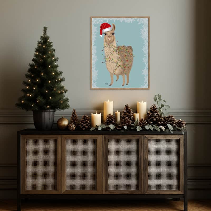 Llama Christmas Lights 2 by Fab Funky (23 x 28 in.), Framed Canvas Wall Art Print - Sylvie Beaded Rustic Natural