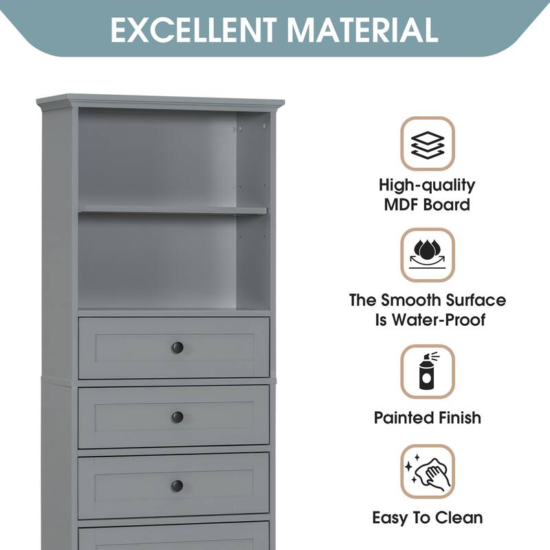 Gray Tall Storage Cabinet with 3 Drawers and Adjustable Shelves for Bathroom, Study, Office and Interior,with Painted Finish