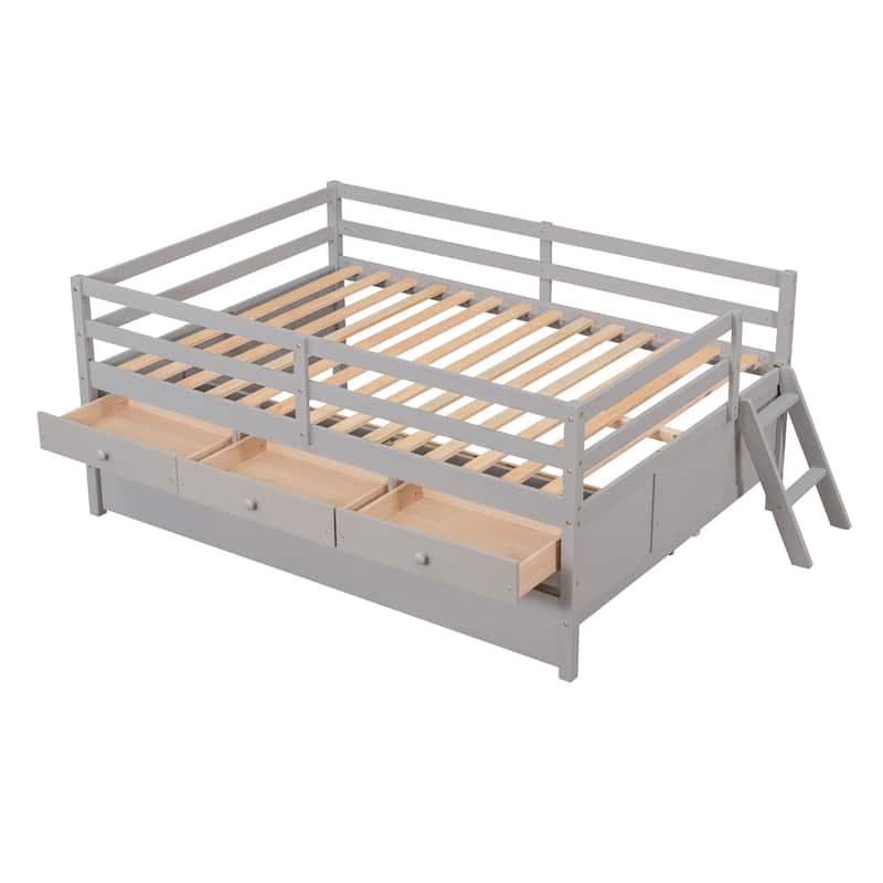 Solid Pine Wood Low Loft Bed Full Size with Full Safety Fence, Climbing