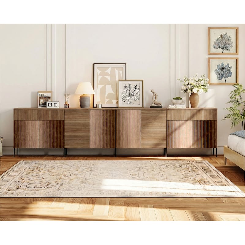 126" Modern Reeded Drawer Dresser Set With Doors, Minimalist Chest Of Drawers With Storage - Walnut