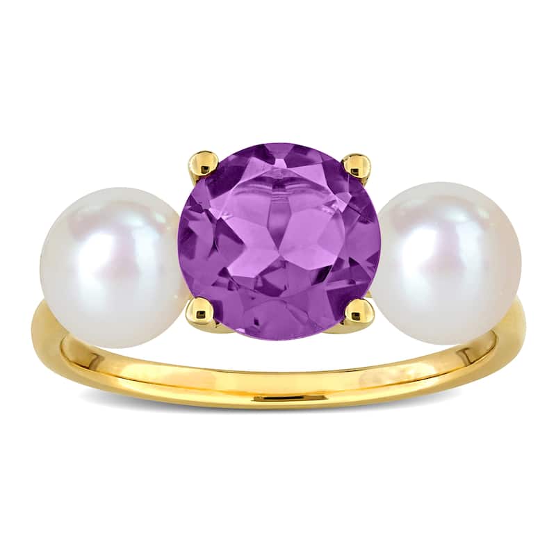 Miadora 1 1/2ct TGW Amethyst 6-6.5mm Cultured Freshwater Pearl Ring 10k Yellow Gold