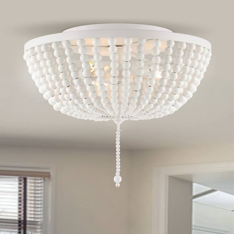 Allie Wood Beaded/Metal LED Flush Mount, by JONATHAN Y - White - 3-Light