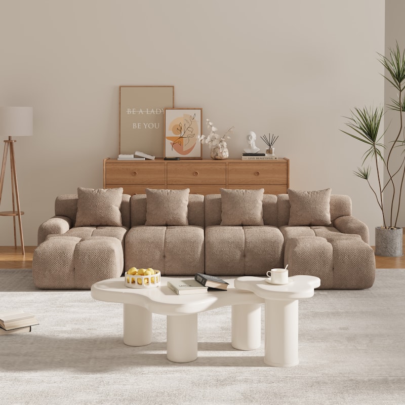 Roomfitters U Shaped Modular Sectional Sofa Bed Chaise, 6-Piece Cloud Tufted Floor Couch with 2 Ottomans and 4 Pillows