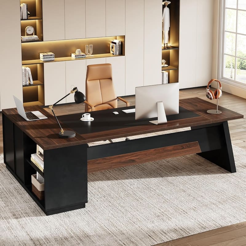 78.7-Inch L-Shaped Executive Desk Computer Desk with File Cabinet - Walnut and Black