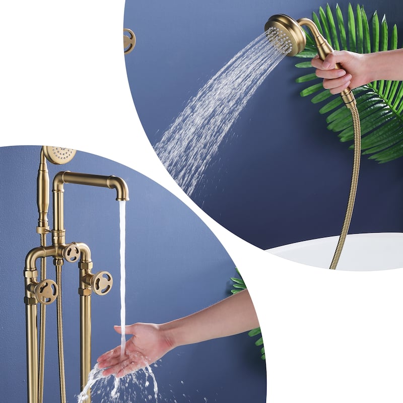 Modland 42''H Floor Mount Bathtub Faucet Freestanding Tub Filler With Handheld Shower In Black / Gold