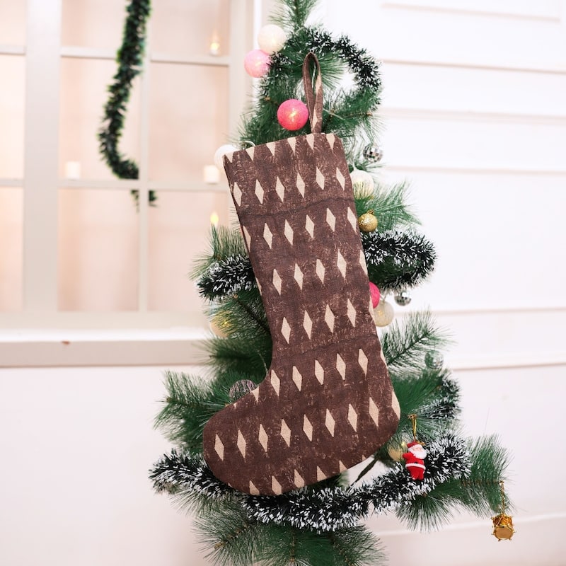 Fabdivine Handmade Christmas Stocking Floral Block Print 10X4.5 Inch Tassel Loop for Home Décor - 10"X4.5"