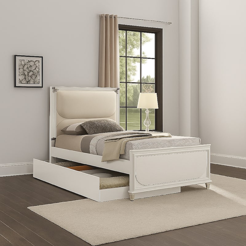 Dima Twin Bed, Upholstered Headboard w LED, Pearl White, Clear Legs