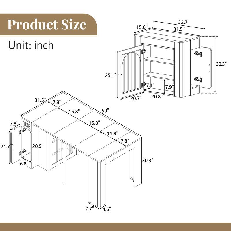 Extendable Kitchen Island Table with 3 Removable Leaves, Power Outlet & Storage Cabinet