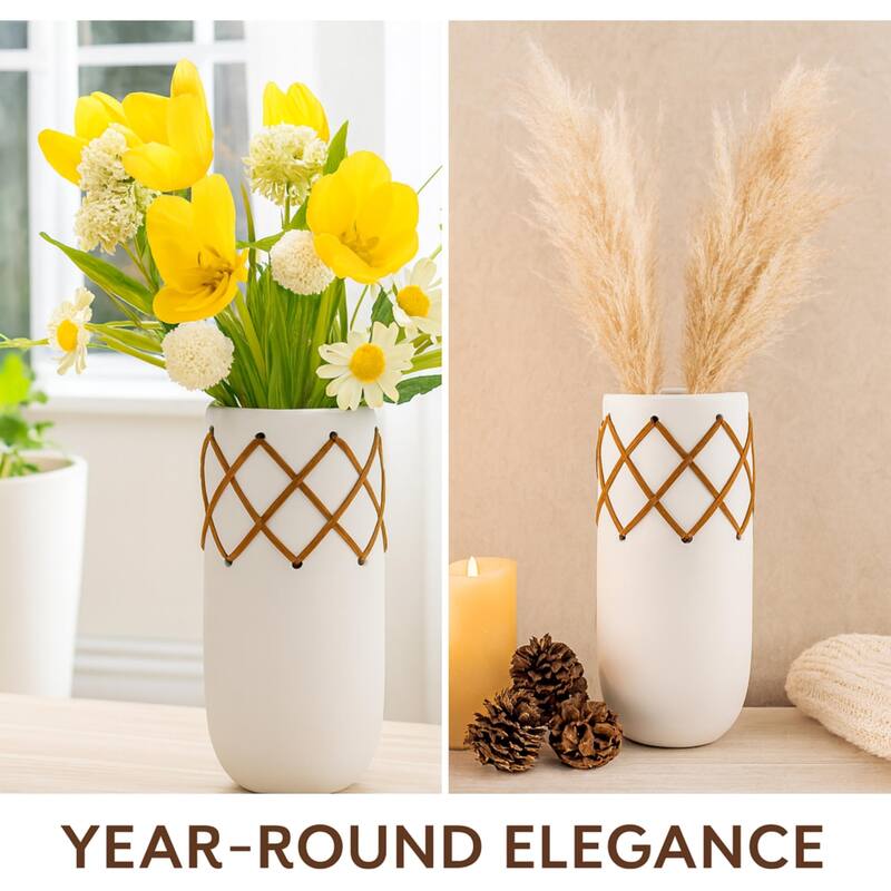 Aria Home Oblong Ceramic Vase Milky White With Leather Stitch