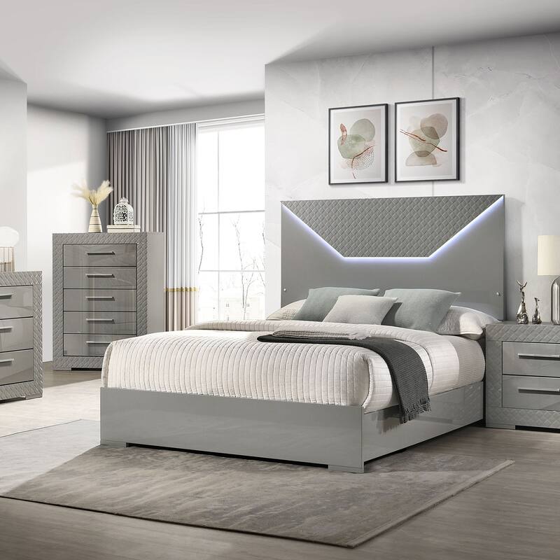 Modern Queen Panel Bed with LED Headboard in High Gloss Grey Finish