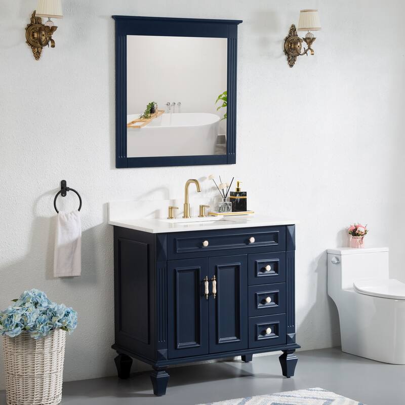 35'' H X 36'' W Solid Wood Bath Vanity with Stain-resistant Carrera Quartz Top and Single Sink