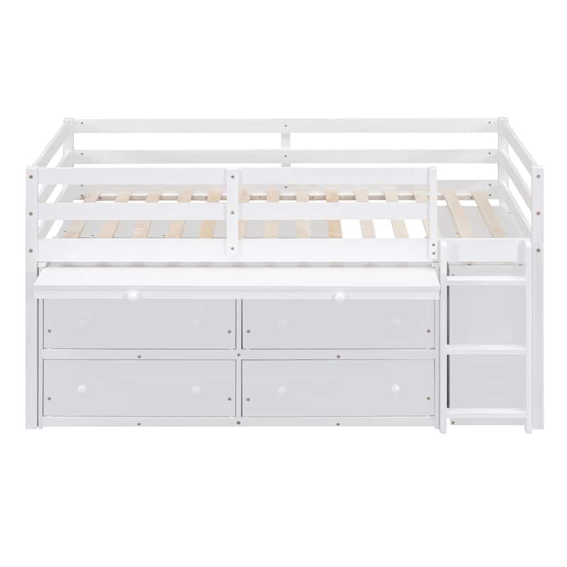 Solid Wood Loft Bed with Retractable Desk and Drawers