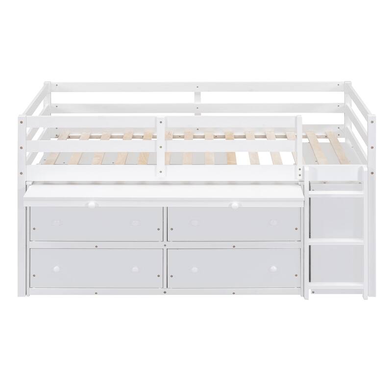 Twin/Full Size Low Loft Bed with Retractable Writing Desk and 4 Drawers, Wooden Loft Bed Frame w/ Lateral Portable Desk & Ladder