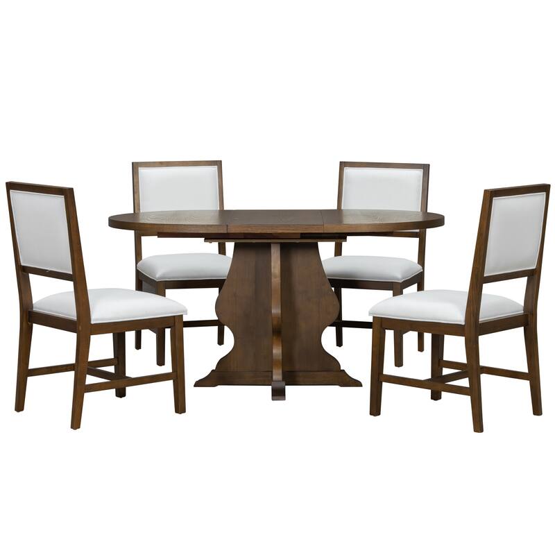 5-Piece Dining Table Set Extension from 42.5 to 58.2-Inches with 4 Upholstered Chairs, Wood Kitchen Dining Table & Chair Set