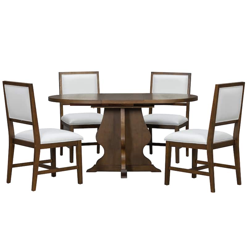 Roomfitters Farmhouse Extendable Dining Table, 4 Upholstered Chairs, 5-Piece Kitchen Furniture