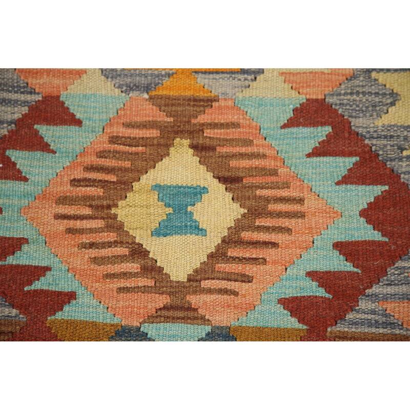 Hand Woven Oriental 100% Wool Carpet Southwestern Geometric Multi-Colored Kilim Runner Rug - 12' 3'' X 2' 9''