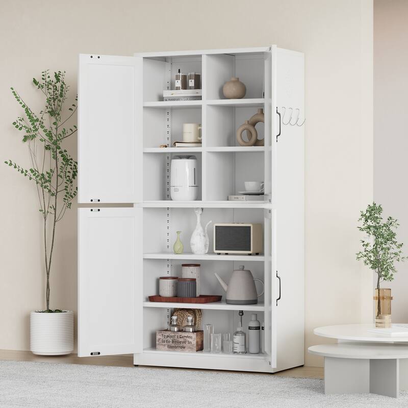 White Steel Kitchen Pantry Storage Cabinet with Adjustable shelves, heavy-duty country cabinet for kitchens, bathrooms