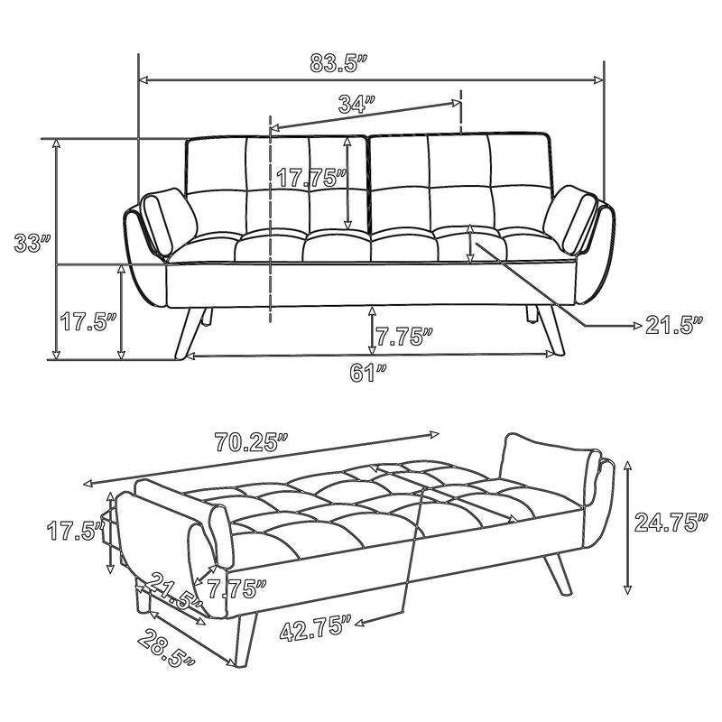 Kori 84 Inch Sofa Futon Bed with Tufted Back, Angled Legs, Gray Fabric