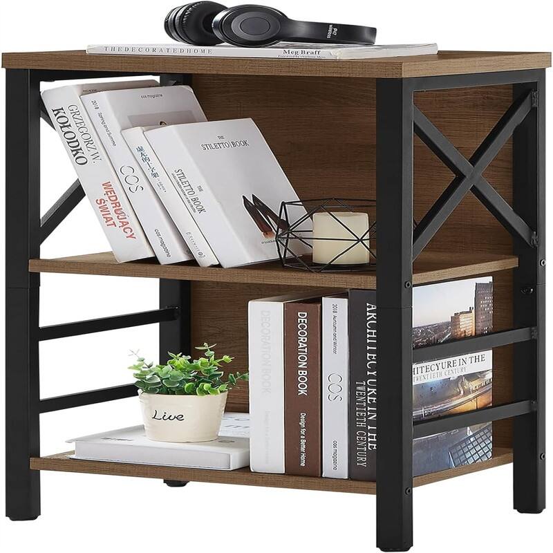 Industrial 3 Tier Bookshelf Narrow Bookcase with Rustic Wood and Metal - 15.7"D x 11.8"W x 27.6"H - Brown