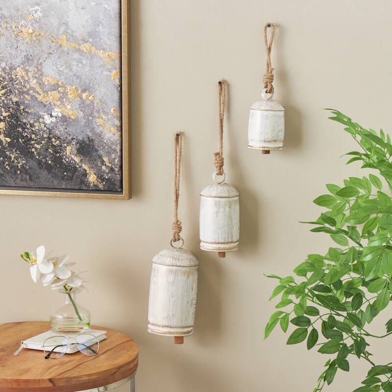 Metal Tibetan Inspired Indoor Outdoor Decorative Cow Bells with Jute Hanging Rope (Set of 3) - Set of 3 - 10",8",6"H