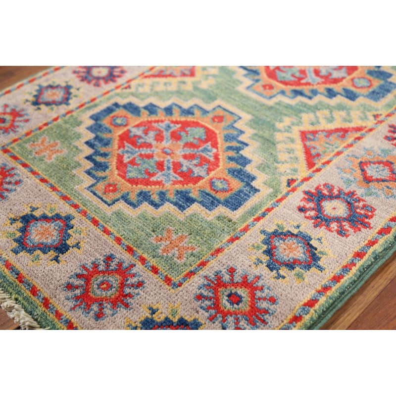 Green Geometric Kazak Accent Rug Hand-Knotted Wool Carpet - 2'0"x 2'11"