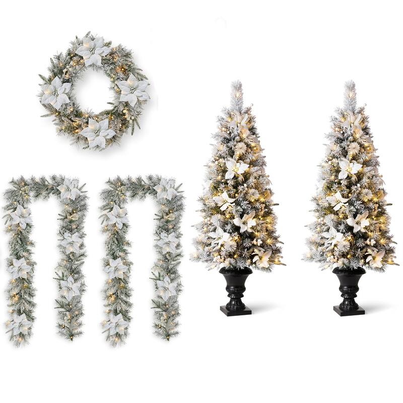 Glitzhome 5FT Pre-Lit Flocked Pine Artificial Christmas Porch Tree with 150 Warm White Lights and Poinsettia