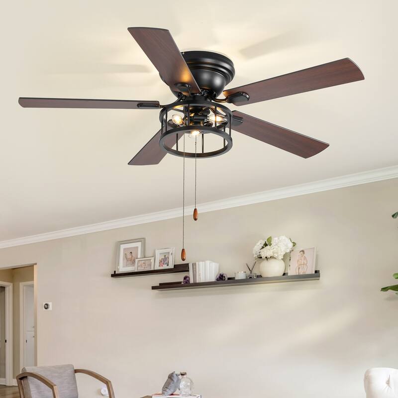 52" 5-Blade Flush Mount Ceiling Fan with Light Pull Chain - 52 Inch