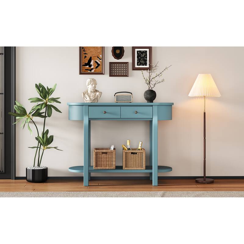 Vintage Console Table with 2 Storage Drawers, Open Lower Shelf, and Curved Design for Home Entryway and Hotel - Turquoise Green