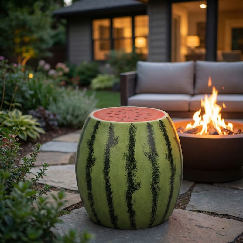 Resin Textured Watermelon Garden Stool - Green, 17" - 17.0" - Resin - Green/ Red