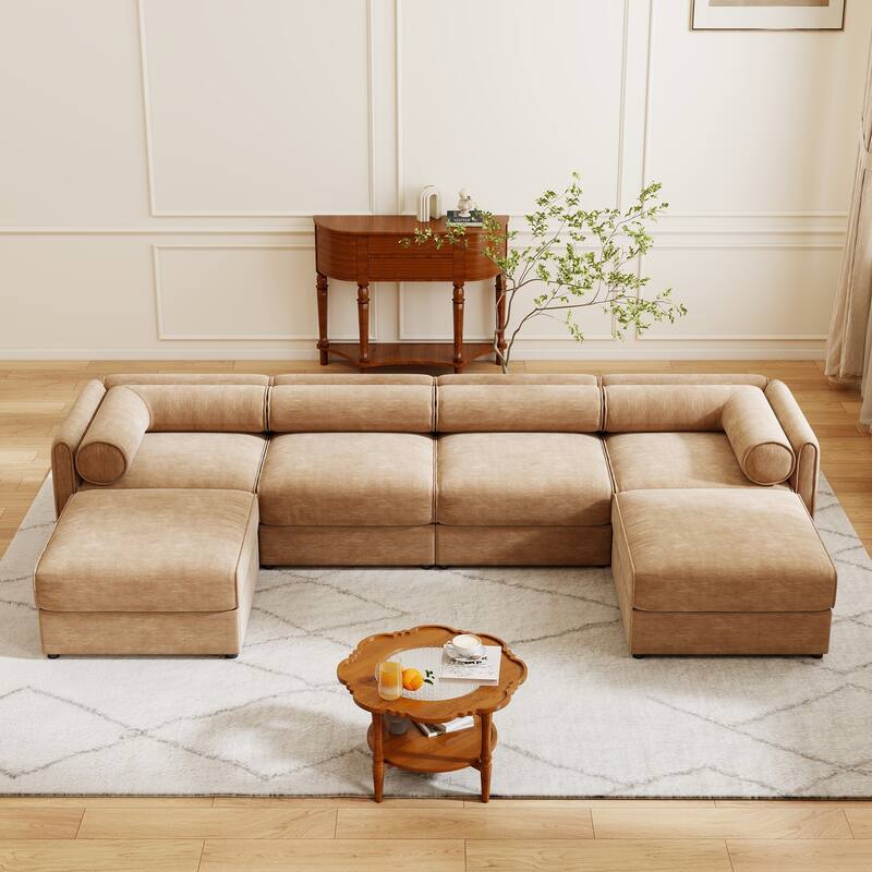 Modern Chenille 6-Seater Sofa with Ottoman Storage, Hidden Storage, Cylindrical Cushioned Arms and Backrest