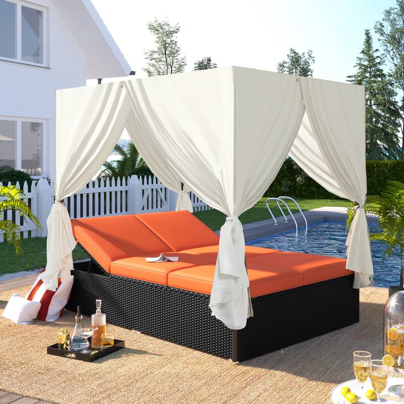 Elegant Outdoor Patio Wicker Sunbed Daybed with Adjustable Cushions and Curtains