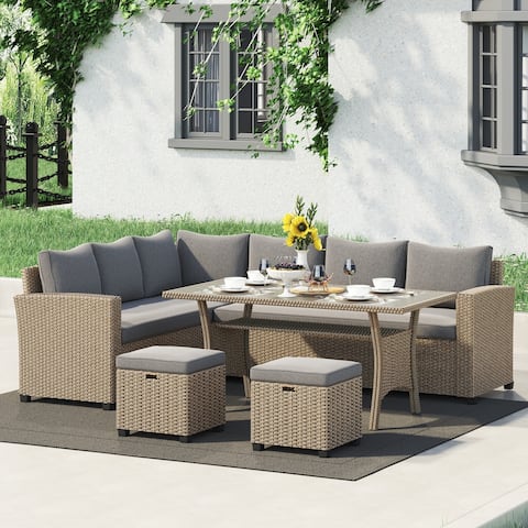 Corvus Leonore Cushioned Rattan Wicker 5-piece Patio Dining Sofa Set