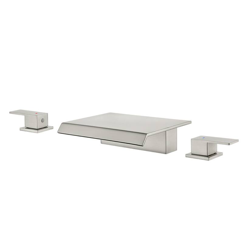 Deck Mount Waterfall Tub Faucet Brass 3 Holes Bathtub Faucet Modern Double Handle Tub Filler - Brushed Nickel