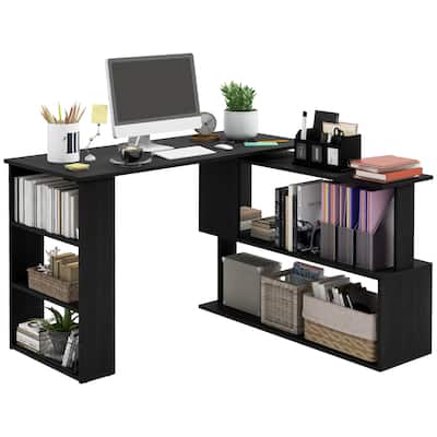L Shaped Corner Desk, 360 Degree Rotating Home Office Desk with Storage Shelves, Writing Table Workstation, Black